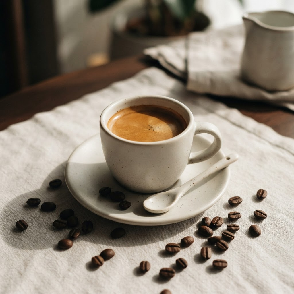 Xícara de espresso com creme sobre superfície off-white e grãos de café espalhados